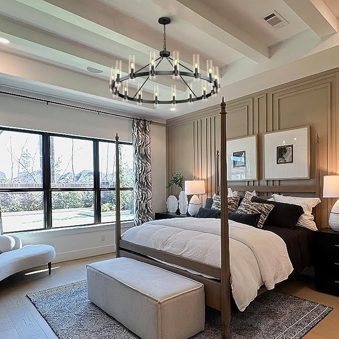 Black Wagon Wheel Chandelier, 48" Modern Chandeliers with Glass Shade, 16-Light Large Chandelier for High Ceiling, Farmhouse Chandeliers for Dining Room, Living Room, Foyer, Stairway(Bulbs Included)