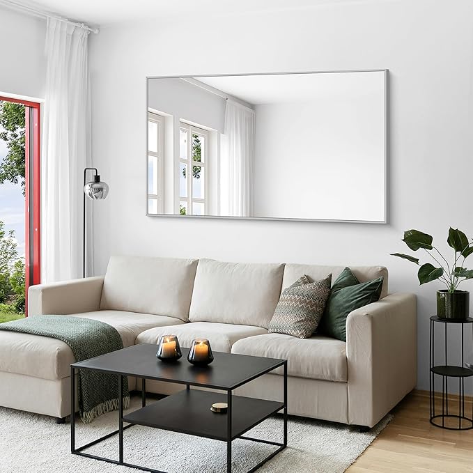 KOCUUY Silver Bathroom Mirror, 60"x36" Large Rectangle Bathroom Mirror for Wall, HD Tempered Glass, Anti-Rust Brushed Silver Frame, Modern Design for Bathroom, Bedroom, Hang Horizontal/Vertical