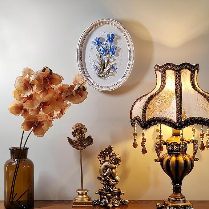 Kangce Vintage Wall Sculptures,Antique Wall Art with Hand-Carved Iris Pattern, Victorian Home Decor,for Living Room, Bedroom,Hallway Gallery,Oval,Blue