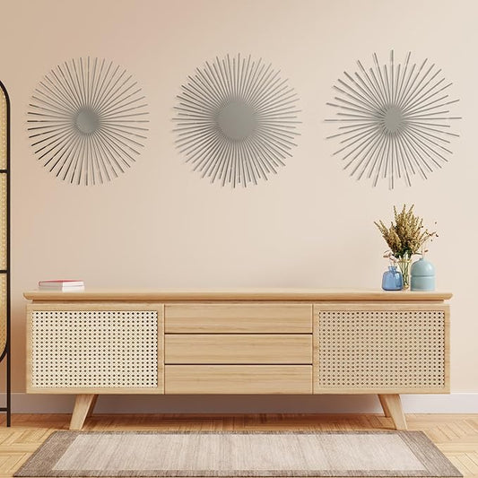 NEODECO Sun Rays-Triple Metal Wall Art, Geometric Sun Decor, Metallic colors, Large 3D wall sculpture, model BCD, Set of 3 (Silver, Medium)