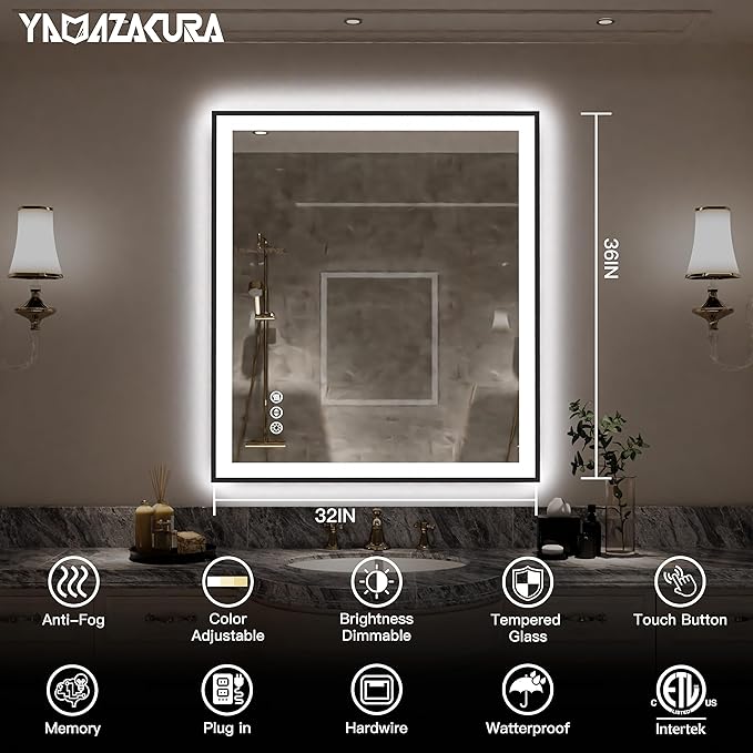 LED Bathroom Mirror 36x32 with Backlit and Front Lighted, Framed Dimmable Illuminated Mirror for Wall Anti-Fog Shatterproof (Horizontal/Vertical)