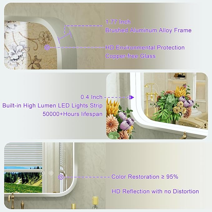 48x36 Inch Silver LED Bathroom Mirror with Lights, Adjustable 3000K/4500K/6000K, Framed Lighted Bathroom Vanity Mirrors for Wall, Anti-Fog, Stepless Dimmable, Memory, Horizontal/Vertical