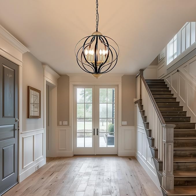 Black and Gold Chandelier, Modern Farmhouse Chandelier 17.7" Geometric Sphere Chandelier for Entryway 6 Lights Metal Industrial Pendant Light Fixture for Dining Room,Kitchen Island,Stairs,Foyer