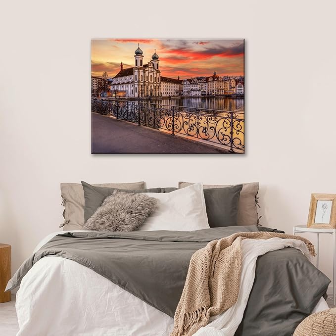 Mordern 1Pcs European Cityscape Canvas Wall Art Scenic Sunset Over River Cathedral with Domes Ready to Hang Architecture Romantic Travel Destination Decorative Framed Artwork for Living Rooms Bedrooms