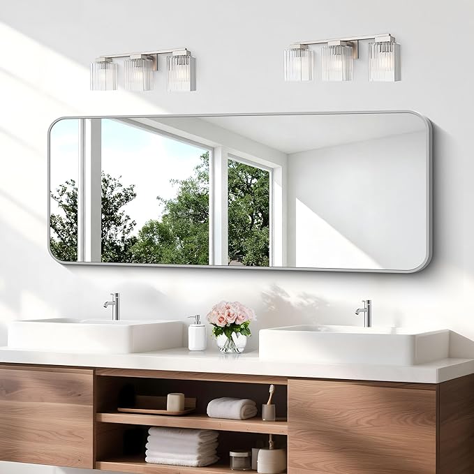 BONEWEI Silver Bathroom Mirror,24x60 inch Wall Mirror for Bathroom Wall Mounted,Rectangle Mirror for Bathroom Over Sink,Modern Frame Round Corner for Living Room,Bedroom Entryway,Horizontal/Vertical
