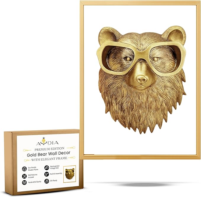 AYDIA Vintage Gold Animal Head Wall Decor, Faux Bear Head, Easy to Install, 3D Sculpture, Gift Ready, Bear Wall Decor for Living Room, Office, Bedroom