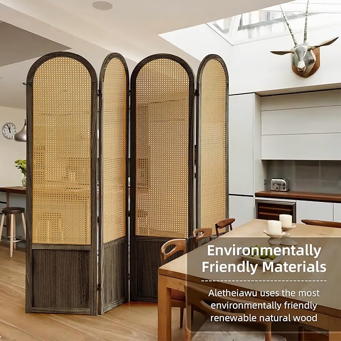 4 Panel Room Divider and Folding Privacy Screen, 5.6 Ft Foldable Double Hinged Rattan Partition, Hand-Woven Rattan Room Divider Portable Wood Freestanding Wall Divider for Room Separation - Brown