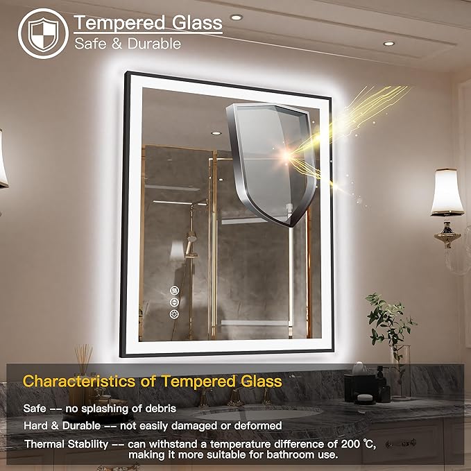 LED Bathroom Mirror 36x30 with Backlit and Front Lighted, Framed Dimmable Illuminated Mirror for Wall Anti-Fog Shatterproof (Horizontal/Vertical)