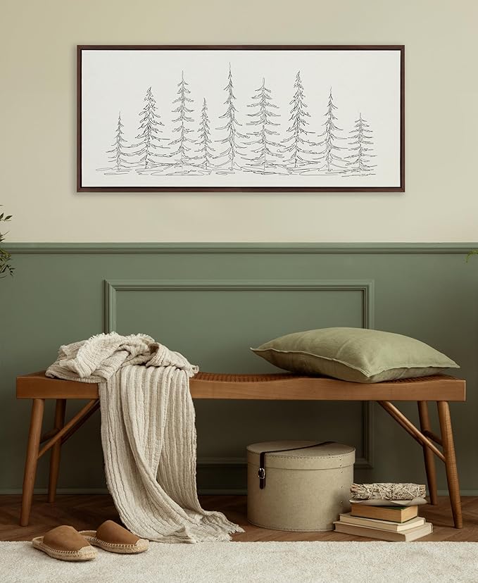 Kate and Laurel Sylvie Minimalist Evergreen Trees Sketch BW Framed Canvas Wall Art by The Creative Bunch Studio, 18x40 Brown, Minimal Christmas Tree Art for Wall