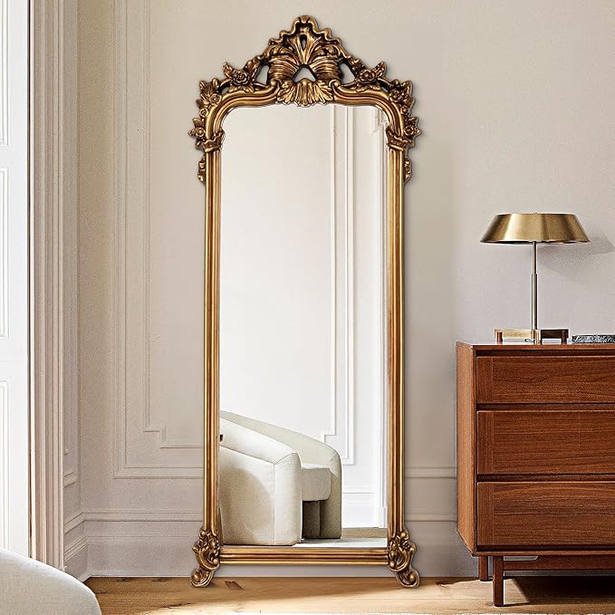Large Gold Vintage Mirror, 66"x28" Arch Full Length Mirror with Ornate Lightweight PU Frame, Traditional Carved Top Decorative Mirrors for Living Room Dining Room Bedroom Entryway