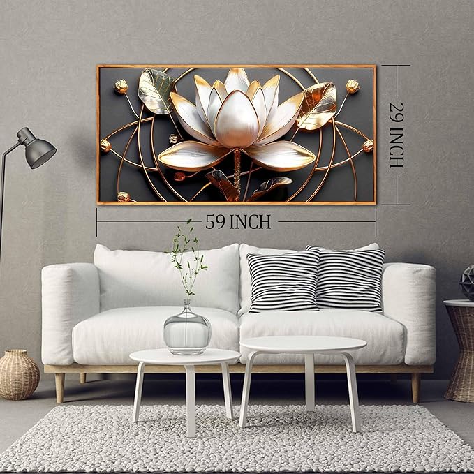 Lotus Flower Wall Art for Living Room, Floral Canvas Wall Decor for Bedroom, Black White and Gold Picture Print, Large Size 59 x 29 Inches Framed