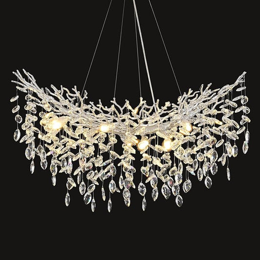 36inch Crystal Rectangle Chandelier for Dining Room, Silver Tree Branch Chandeliers Over Table, Top K9 Crystal Modern Chandeliers for Dining Table,Kitchen Island,Luxury Rectangular Chandelier