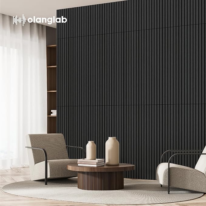 Olanglab Acoustic Wood Wall Panels 4 Pack, Sound Dampening Wood Slat Wall Panels 23.6" x 47.2", Matte Black