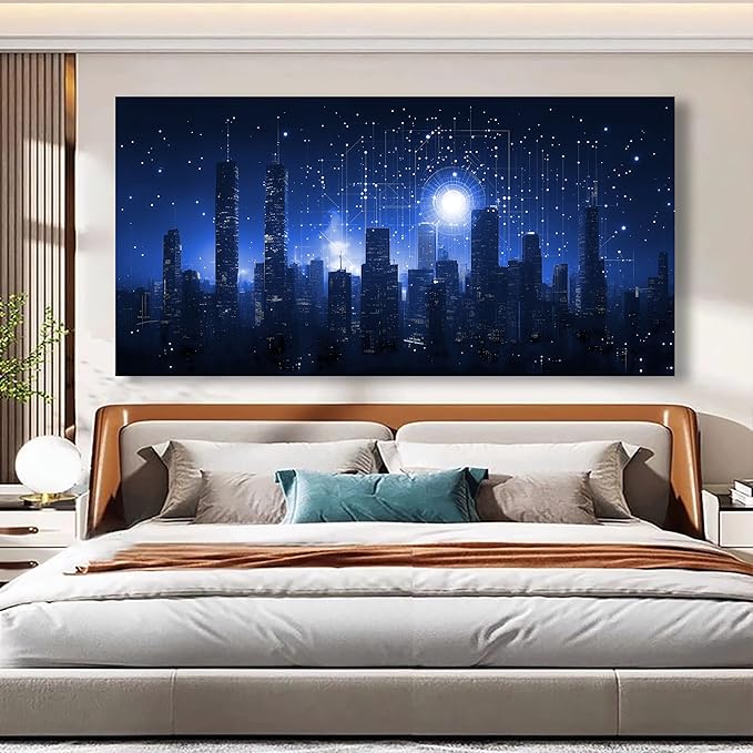 Night Stars City Wall Art Bedroom Wall Decor Living Room,Night Tall Buildings Canvas Wall Art Office Farmhouse Paintings Artwork Modern Blue Cityscape Wall Art Prints Pictures 20 * 40inch