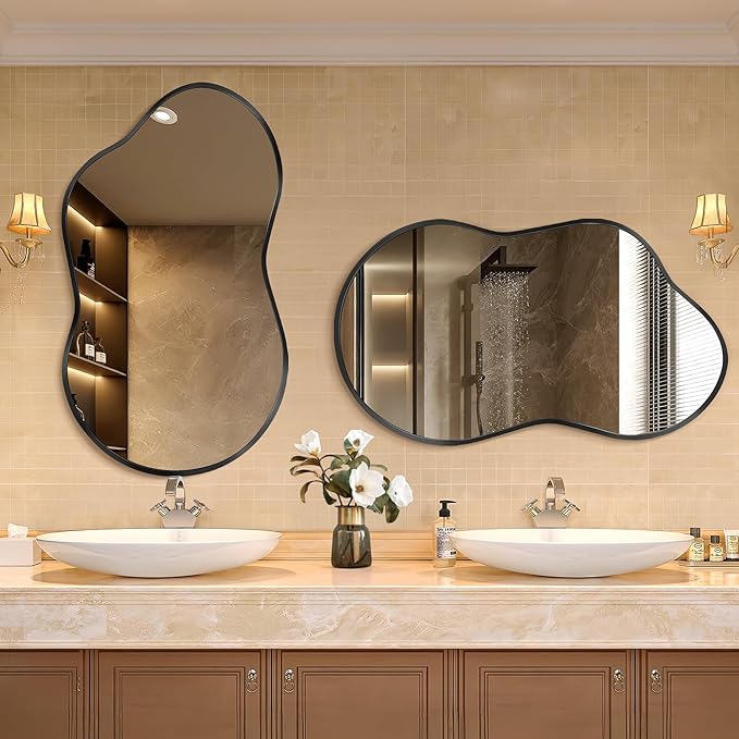 Bathroom Mirror - Black Irregular Wall Mirrors Decorative 26"x46" Asymmetrical Tempered Glass Aviation Aluminum Alloy Frame for Vanity, Bedroom, Living Room, Cloakroom, Entryway