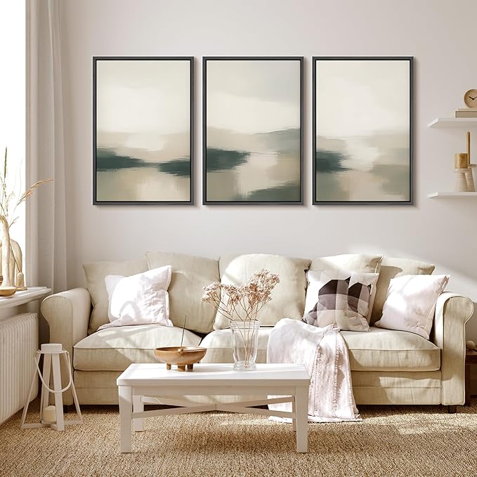 MUDECOR Framed Wall Art Print Set Neutral Landscape Prints in Beige and Green Tones Illustrations Modern Art Boho Decorative Chic for Living Room, Bedroom, Office - 24"x36"x3 Black