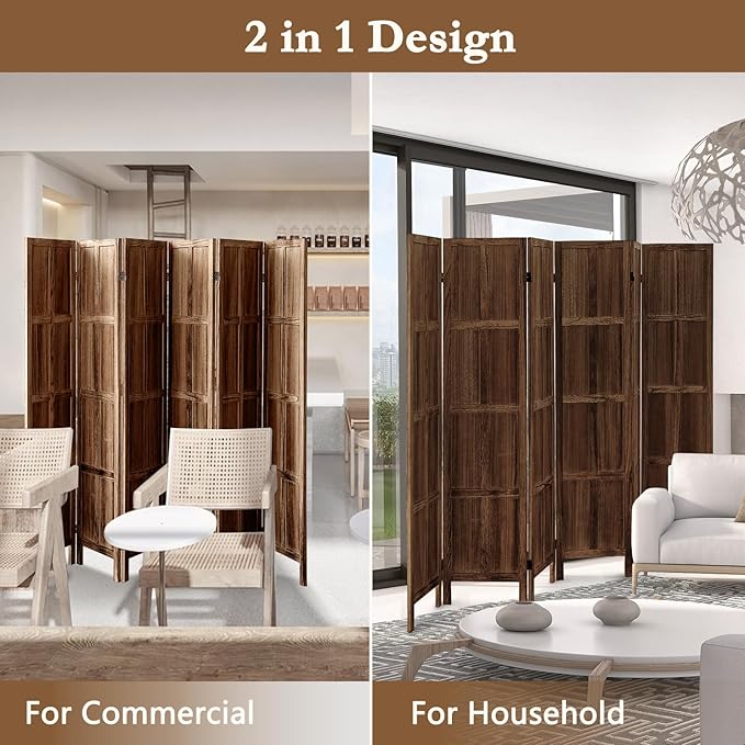 6 Panel Room Divider, 5.6Ft Wood Room Dividers and Folding Privacy Screens, Room Divider Wall Freestanding Room Partitions, Room Dividers Screen for Home Office Restaurant Bedroom, Dark Brown