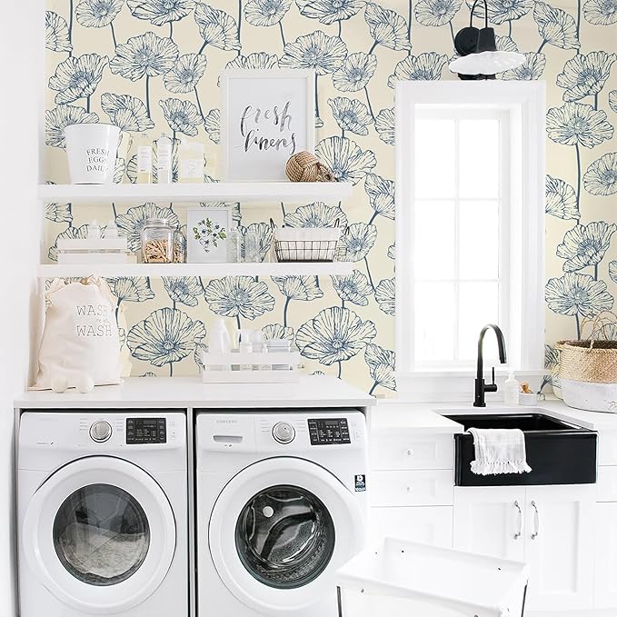 Orainege Peel and Stick Wallpaper Floral Contact Paper Blue and Beige Wallpaper 17.3inx196.8in Self Adhesive Wall Paper Boho Removable