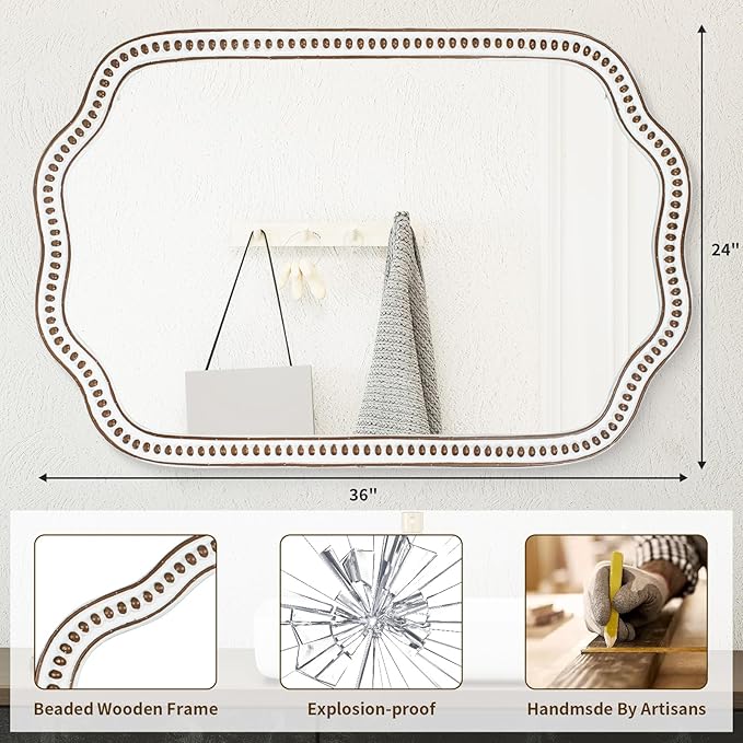 24x36 Inch Wooden Scalloped Farmhouse Mirror for Wall Decor, Rustic Decorative Mirrors for Living Room, Bedroom, Entryway, Bathroom Over Sink - Horizontal/Vertical Mount