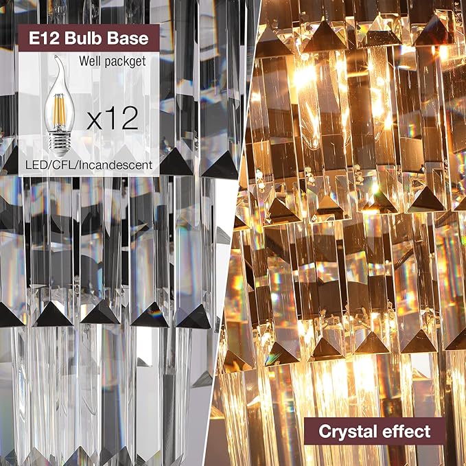 24" Oil Brown Crystal Chandelier, Modern 5-Tier Ceiling Light with Clear Crystal Prisms, Luxury Pendant Lighting for Dining Room Entryway