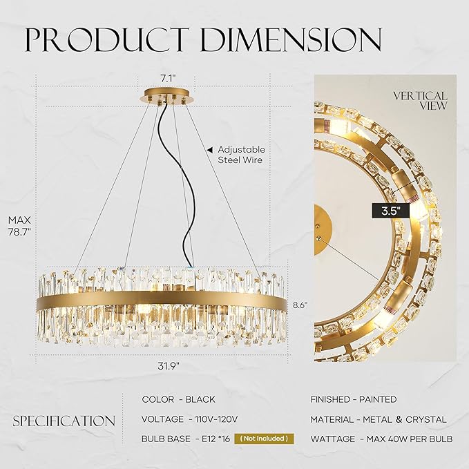 31.9" Gold Modern Crystal Chandelier Light Fixtures Luxury 2 Rings Crystal Chandeliers for Dining Room 16-Light Round Hanging Pendant Lighting for Living Room Kitchen Island Entryway Bedroom