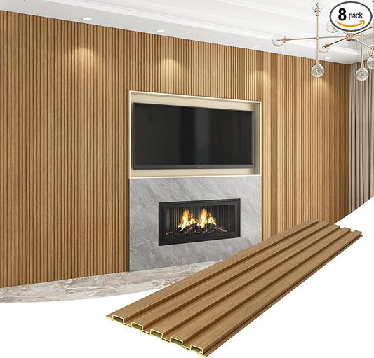8-Pack WPC Wall Panels 108’’ x 6.3’’ 3D Slat Wall Panel Acoustic Wall Paneling for Interior Wall Decor TV Background Kitchen Bedroom Oak