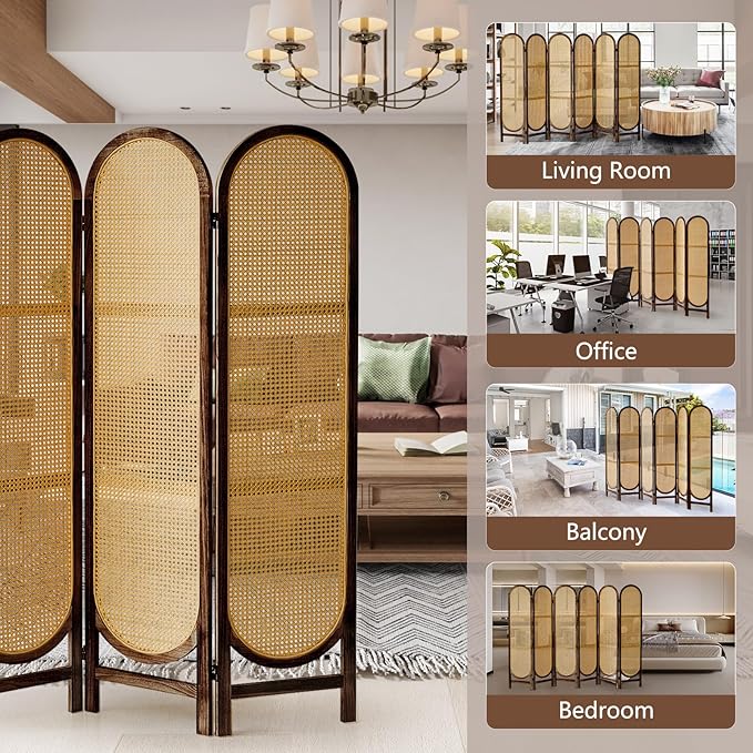 ALeesinwing 6 Panels Room Dividers, Hand-Woven Rattan Room Divider Panel and Folding Privacy Screens, Wood Room Divider Wall Freestanding Room Partitions Screen for Home Office Bedroom, Dark Brown