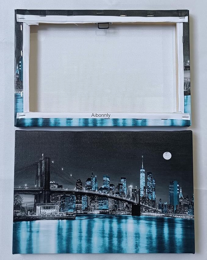 Aibonnly Wall Art Canvas Painting Black White and Blue New York Brooklyn Bridge 1 Piece Cityscape Night Building Picture Poster Print Framed for Living Room Bedroom Kitchen Office Home Decor