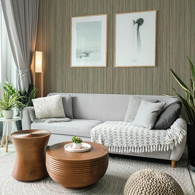 20.8" x 196.8" Peel and Stick Wallpaper Grasscloth, Thick Brown Textured Wall Paper Neutral Waterproof Self Adhesive Removable Wallpaper Mural for Home Decor Bedroom Kitchen Cabinet