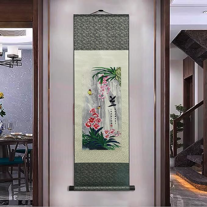 AtfArt Asian Wall Decor Beautiful Silk Scroll Painting 4 Righteous Men Flowers - Plum Orchid Bamboo Chrysanthemum Oriental Decor Chinese Art Wall Scroll Hanging Painting Scroll (4 Piece)…