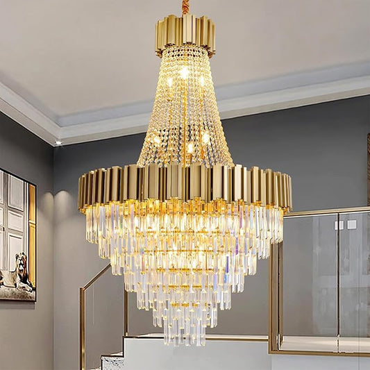 54" Long Crystal Chandelier for High Ceilings, 21-Light Modern Gold Large Chandeliers for Staircase, Foyer, Entryway, Living Room, Hallway, Luxury Top K9 Crystal Tiered Ceiling Light Fixture