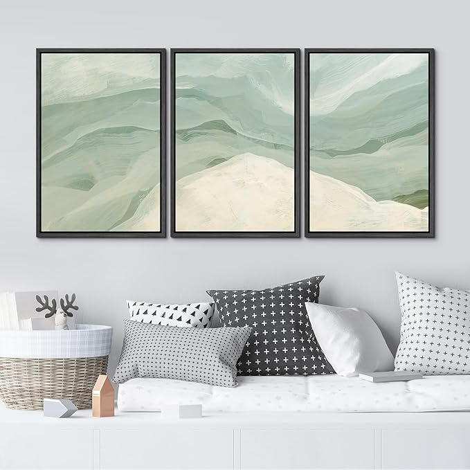 MUDECOR Framed Wall Art Print Set Pastel Waves Blue and White Tones Illustrations Modern Art Boho Decorative Colorful Chic for Living Room, Bedroom, Office - 24"x36"x3 Black