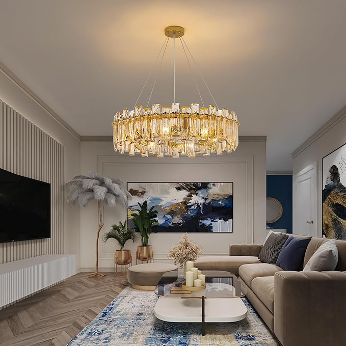 Modern Luxury K9 Crystal Chandelier 8-Lights Gold Round Pendant Light Easy Install Ceiling Hanging Light Fixture for Dining Living Room Kitchen Island Entryway Foyer D23.6