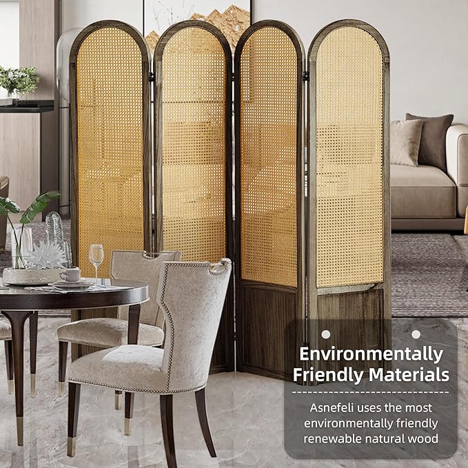 4 Panel Room Divider Wall, Folding Privacy Screen, Foldable Wood Divider Room Dec, Rattan Room Divider, Portable Partition Screen, Wall Divider for Room Separation Home Office (Brown)