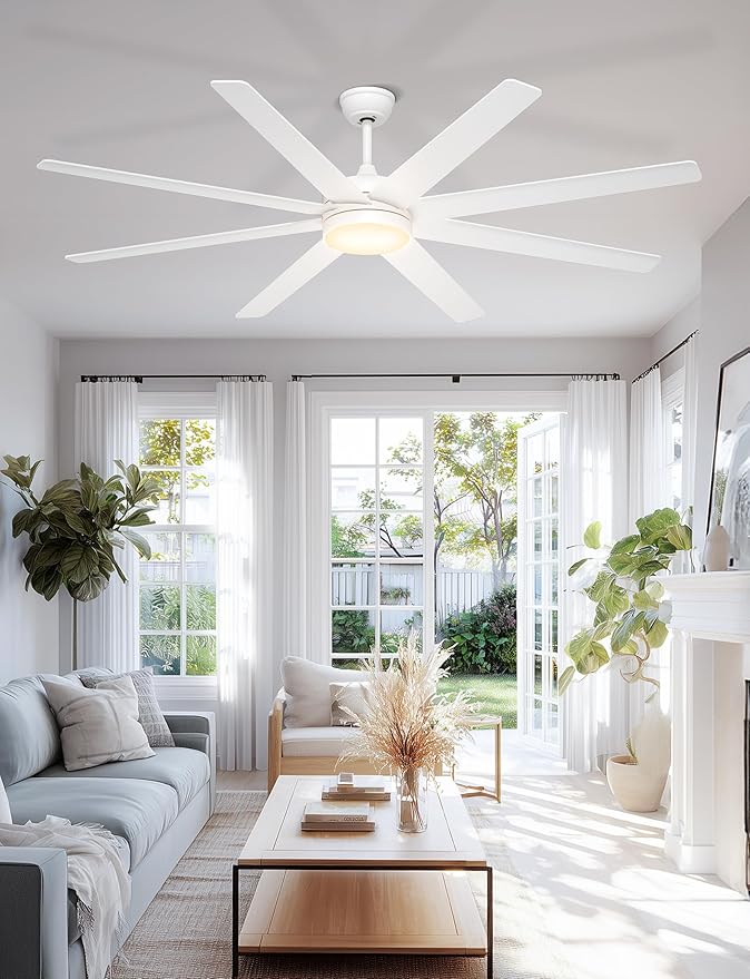 72 Inch Large Ceiling Fans with Lights, 8 Blades White Ceiling Fan Remote/APP Control, Dimmable, Reversible Big Ceiling Fan for Indoor/Covered Outdoor