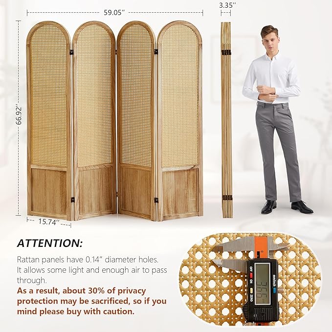 4 Panel Room Divider and Folding Privacy Screen, 5.6 Ft Foldable Double Hinged Rattan Partition, Hand-Woven Rattan Room Divider Portable Wood Freestanding Wall Divider for Room Separation - Natural