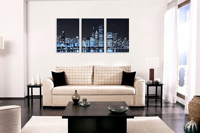 NAN Wind Chicago City Center Skyline Canvas Prints Modern Office Decor Chicago Skyline Canvas Art Cityscape Wall Decorations Blue Wall Decor for Living Room Pictures for Bedroom Decorations