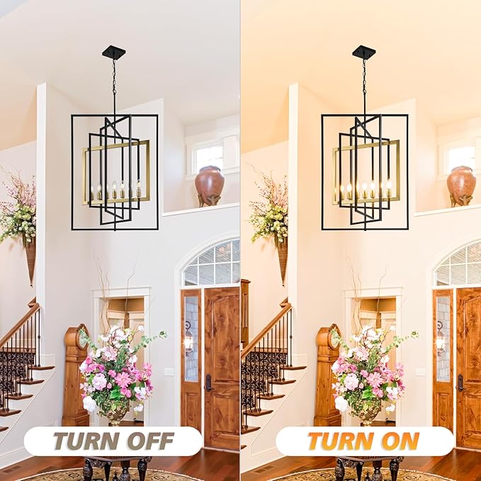 Black and Gold Chandelier, 7-Light Farmhouse Lantern Pendant Light Fixtures, Rustic Industrial Foyer Lighting Fixtures, Large Chandeliers for High Ceilings, for Kitchen Island, Staircase, Entryway