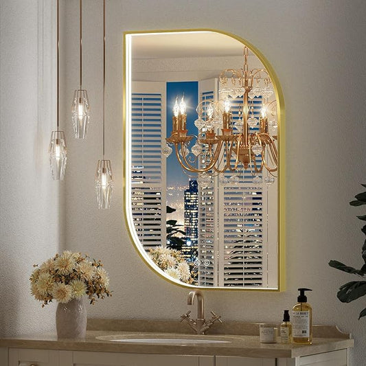 24X32 Inch LED Mirror for Bathroom with Lights,Gold Frame Lighted Irregular Asymmetrical Vanity Wall Mirror,Anti-Fog,Dimmable