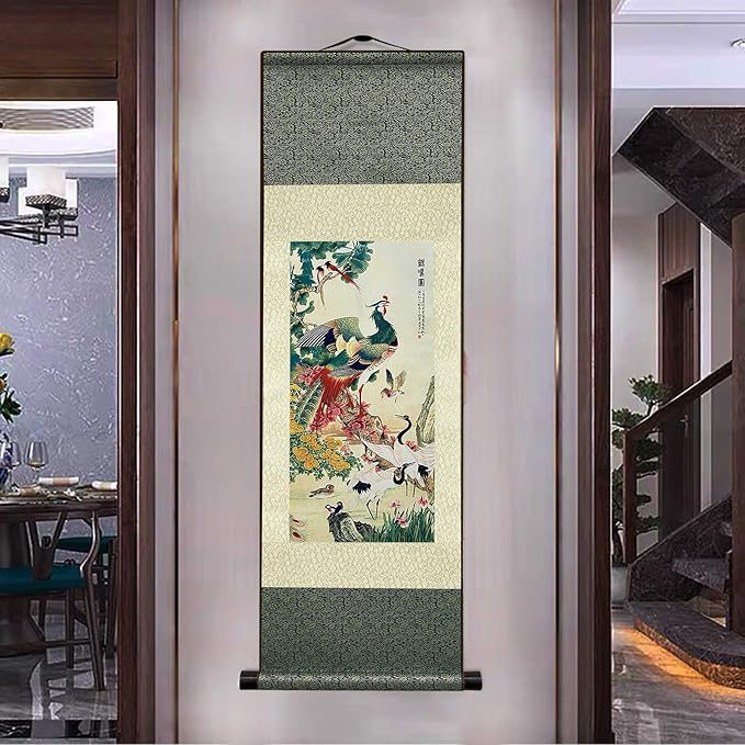 AtfArt Asian Wall Decor Beautiful Silk Scroll Painting Birds - A Hundred Birds Respect The Phoenix Oriental Decor Chinese Art Wall Scroll Wall Hanging Painting Scroll (36.2 x 12 in)