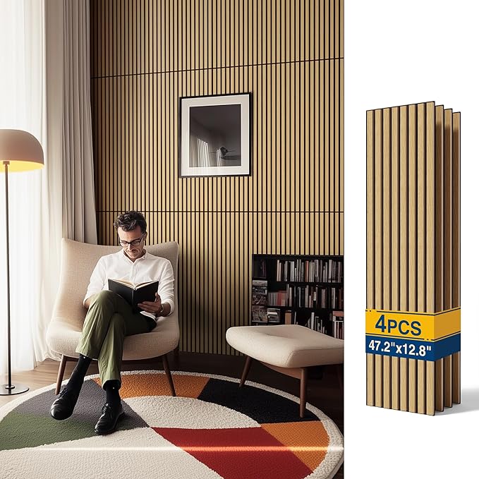 4PCS Acoustic Wood Slat Wall Panels, 47.2" x 12.8" Soundproof Panels for Walls, Sound Absorbing Panels for Interior Decor and Room Acoustic Treatment