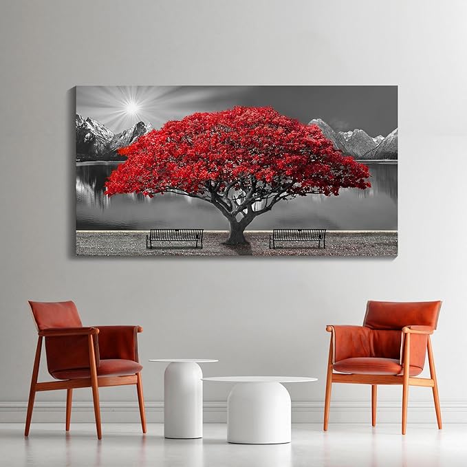 Mofutinpo Black and White Red Tree Wall Art Canvas Print Picture Large Red Tree Landscape Modern Artwork for Living Room Bedroom Office Home Wall Decor With Frame 29X58inch