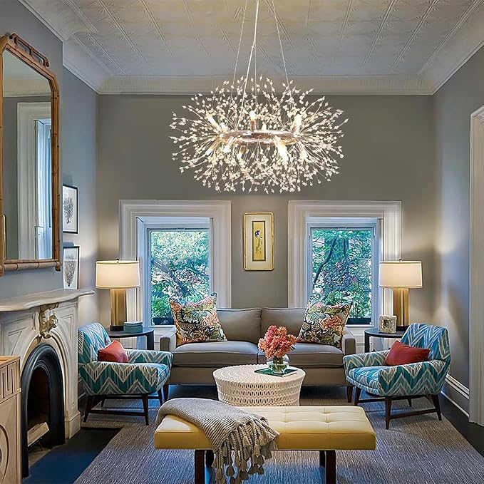 Modern Crystal Dandelion Chandelier, 12-Light (Bulb Included) Chrome Firework Dining Room Light Fixtures, Round Hanging Pendant Light for Hight Ceiling, Living Room, Entryway, Staircase, Foyer