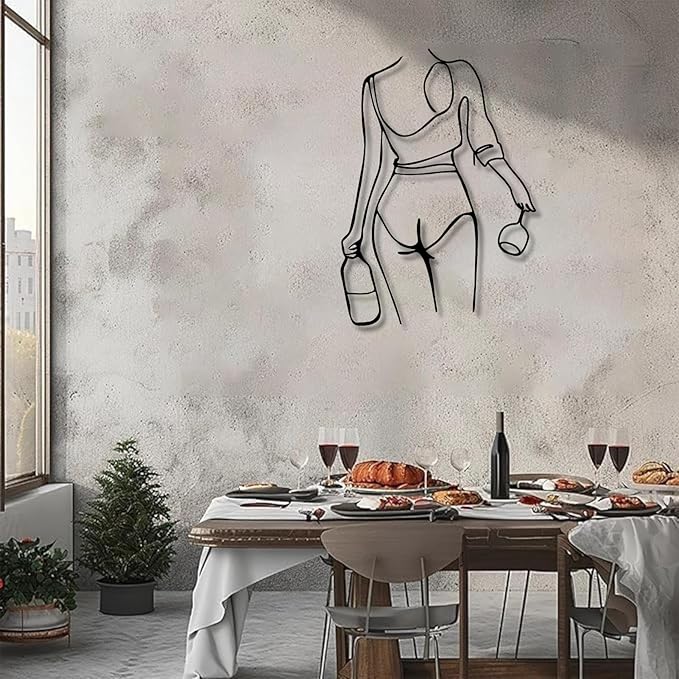 Metal Wall Art Woman Drinking Wine, Modern Minimalist Abstract Line Sculpture, Feminine Wall Decor for Living Room, Dining Room, Bar, Kitchen, Perfect Wine Lover Birthday Housewarming Gift – Black 23.6"x16.9"