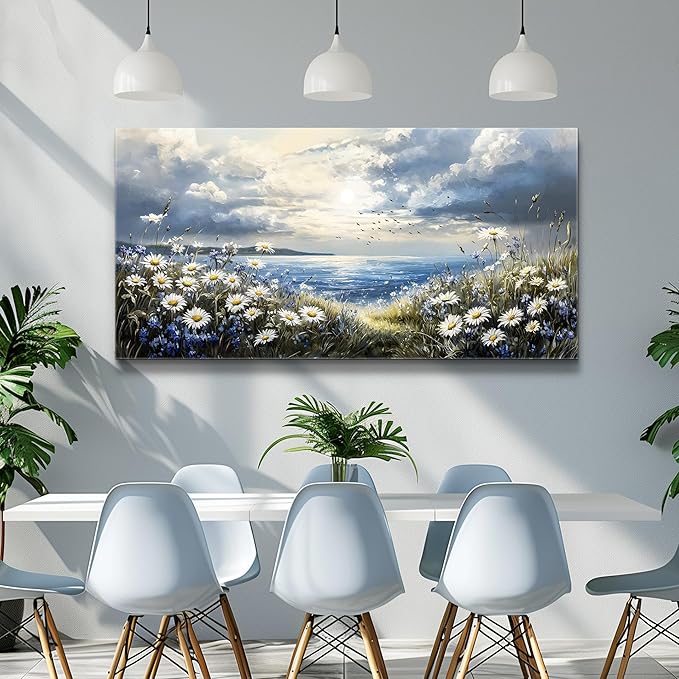 KELIYUAN Large Canvas Wall Art For Living Room Bedroom Wall Decor Home Office Blue Mediterranean Garden Landscape Painting Room Bathroom Dining Room Prints Artwork Picture Wall Decoration 20x40 In