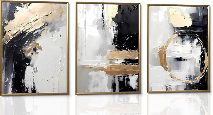3pcs Black White Gold Canvas Wall Art Abstract Geometric Textured Posters Prints Pictures Paintings with Faux Stucco Finish Modern Beige Minimalist Wall Decor for Living Room Bedroom Bathroom Unframed