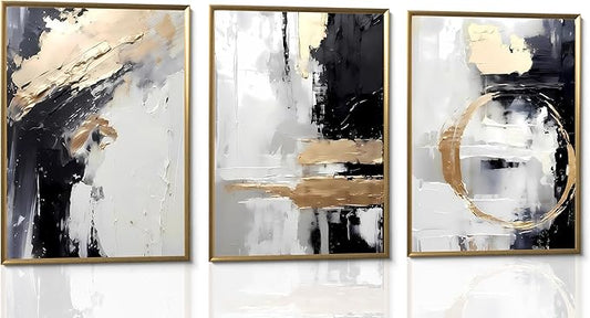 3pcs Black White Gold Canvas Wall Art Abstract Geometric Textured Posters Prints Pictures Paintings with Faux Stucco Finish Modern Beige Minimalist Wall Decor for Living Room Bedroom Bathroom Unframed