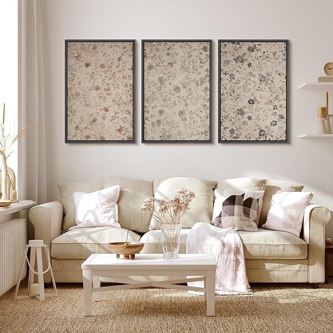 MUDECOR Framed Wall Art Print Set Vintage Floral Botanical in Neutral Tones Illustrations Realism Decorative for Living Room, Bedroom, Office - 24"x36"x3 Black