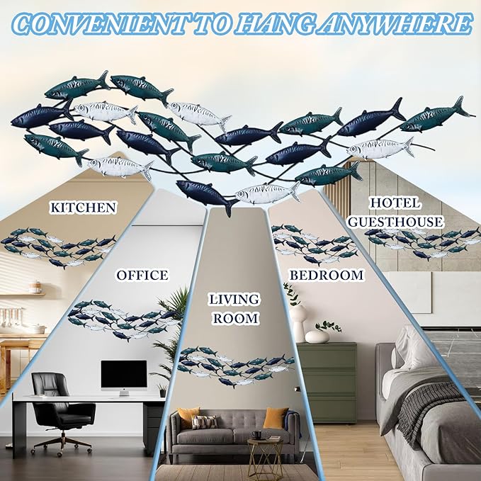 Metal Fish Wall Art - Large School of Fish Wall Decor for Living Room & Bedroom - Coastal Nautical Ocean Wall Sculpture (59" x 16")