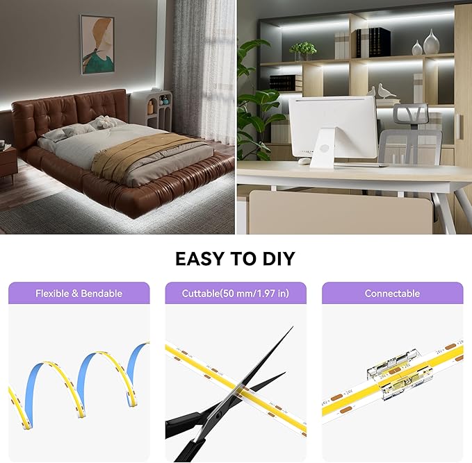 MIWISE White LED Strip Lights,COB LED Strip Light 6000K Daylight White,Dimmable 32.8ft 24V LED Tape Lights,Flexible Super Bright Strip Lighting with Remote for Under Cabinet,Mirror,Bedroom,DIY Project